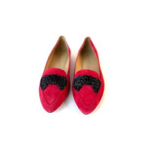 Talbots Women's Red Suede Beaded Black Bow Loafers Size 6